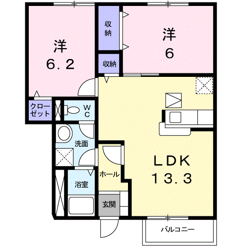 クレセント上乃木B(2LDK/1階)の間取り写真