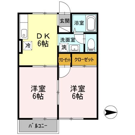 プレジール学南A棟(2DK/2階)の間取り写真