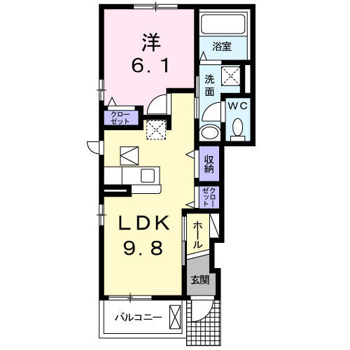 ハマナスB棟(1LDK/1階)の間取り写真