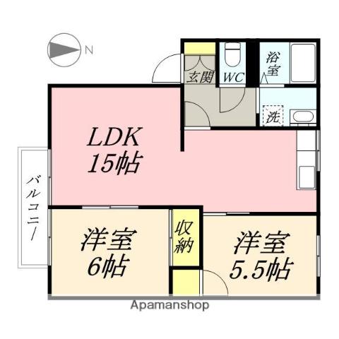 サンサリーレ藤崎B棟(2LDK/2階)の間取り写真