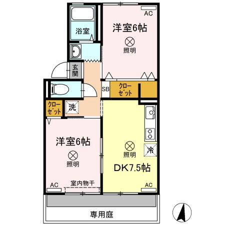 シャトル春水B棟(2DK/1階)の間取り写真