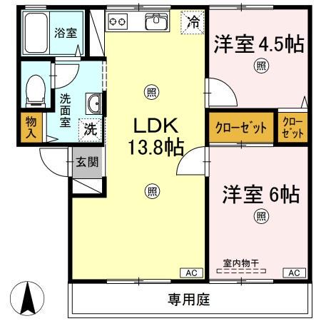 ミル・フルールC棟(2LDK/1階)の間取り写真