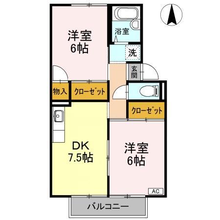 シャンポール芳泉D棟(2DK/2階)の間取り写真