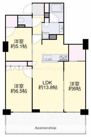 ライオンズタワー岡山千日前(3LDK/19階)の間取り写真