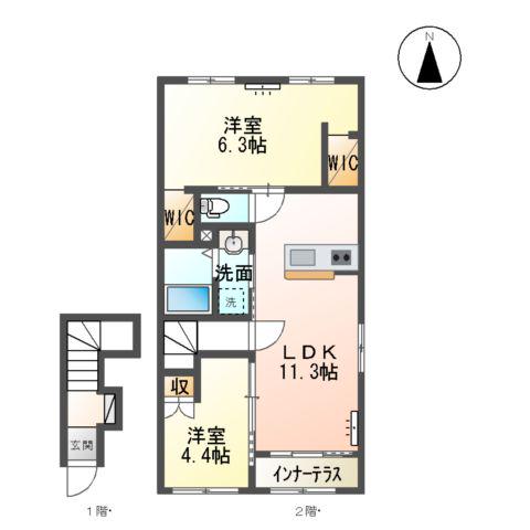 岡山県岡山市東区 2階建 築1年(2LDK/2階)の間取り写真