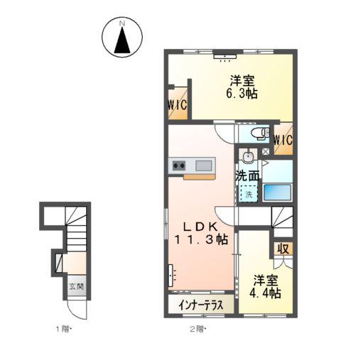 岡山県岡山市東区 2階建 築1年(2LDK/2階)の間取り写真
