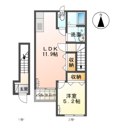 ルノワールB棟(1LDK/2階)の間取り写真