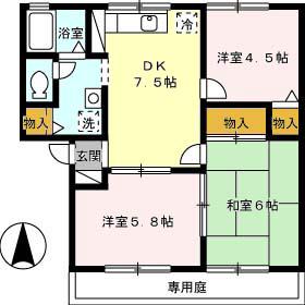 ミル・フルールC棟(3DK/1階)の間取り写真