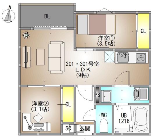REGALEST 北方4(2DK/3階)の間取り写真