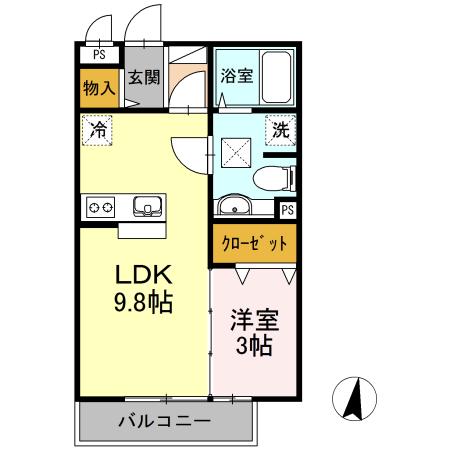 COMODO GIONE B棟(1LDK/3階)の間取り写真
