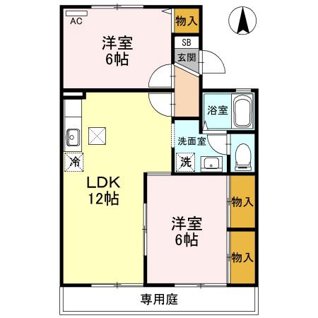 プレールSEGAWA B棟(2LDK/1階)の間取り写真