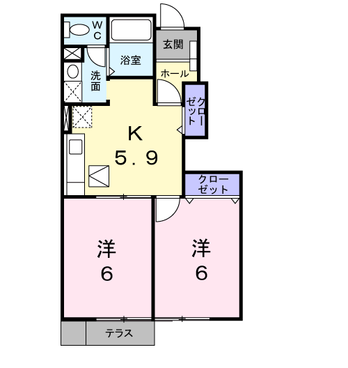 ドミール北小路(2DK/1階)の間取り写真