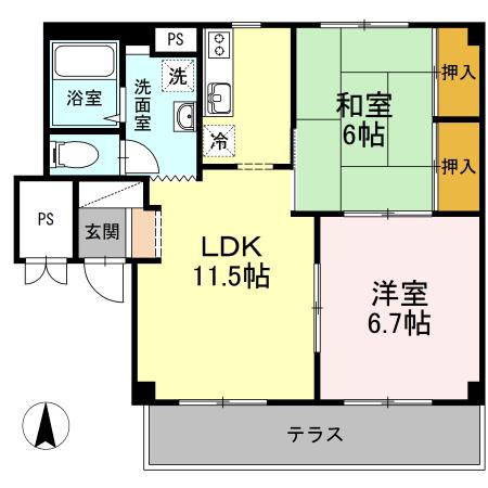 グランデュール高柳 B棟(2LDK/1階)の間取り写真
