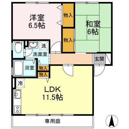 ハイカムール花尻A棟(2LDK/1階)の間取り写真