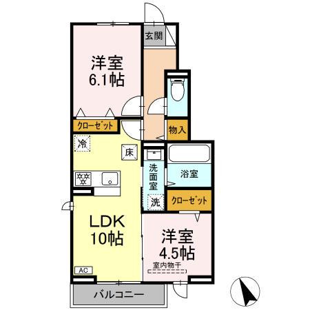 岡山県倉敷市 2階建 築1年(2LDK/1階)の間取り写真