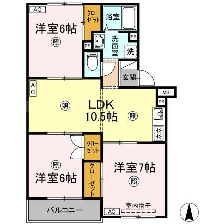 ホワイトヒルズ山陽B棟(3LDK/2階)の間取り写真