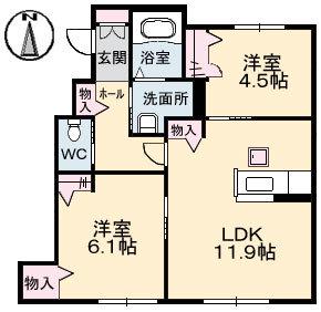 ソルコートD棟(2LDK/1階)の間取り写真