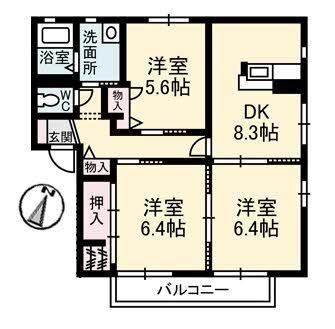 ペルレ A棟(3DK/2階)の間取り写真