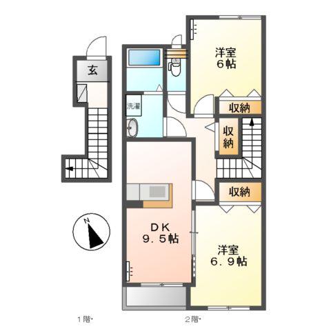 ヴィラ フェリーチェ(2DK/2階)の間取り写真