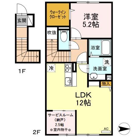 アセーボIV(1LDK/2階)の間取り写真