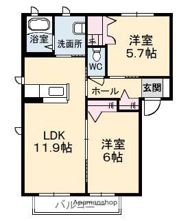 アットホーム原Ⅱ A棟(2LDK/1階)の間取り写真