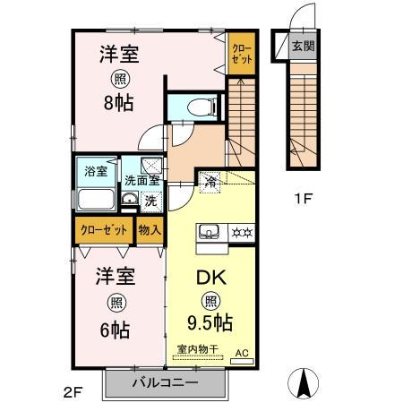 アルカディアE棟(2DK/2階)の間取り写真
