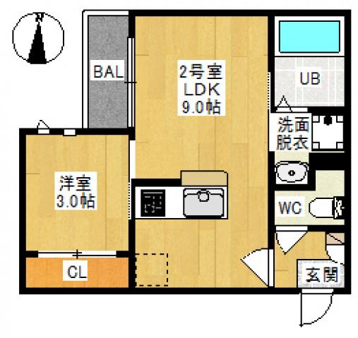 GRANDTIC FLEURIR 西崎グランティックフルリール(1LDK/2階)の間取り写真