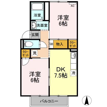 カーディナル辰巳A棟(2DK/2階)の間取り写真