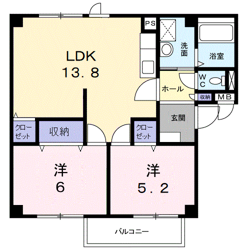 プレーヌ吉田(2LDK/2階)の間取り写真