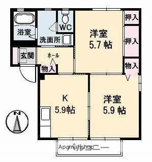 パークヒルB棟(2K/1階)の間取り写真