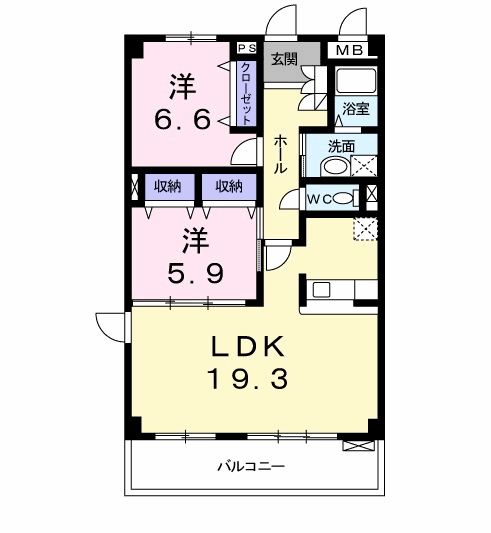 シャン・ド・フルール(2LDK/1階)の間取り写真