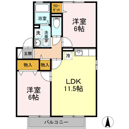 フローレスかおりC/D D棟(2LDK/2階)の間取り写真
