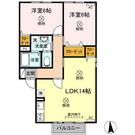 スゥイートガーデン国富 西棟(2LDK/2階)の間取り写真