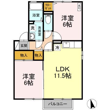 ルミエールD棟(2LDK/2階)の間取り写真