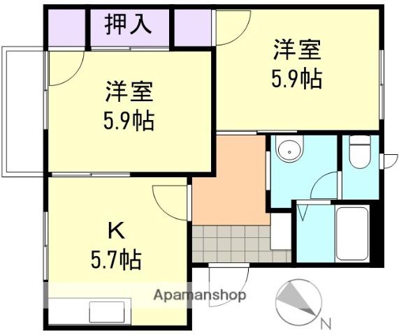 オーキッド倉敷ⅡA棟(2K/2階)の間取り写真