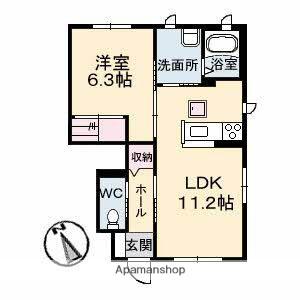 ソレアードB棟(1LDK/1階)の間取り写真