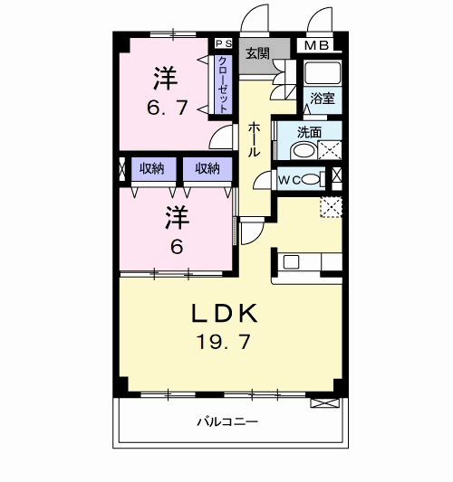 シャン・ド・フルール(2LDK/2階)の間取り写真