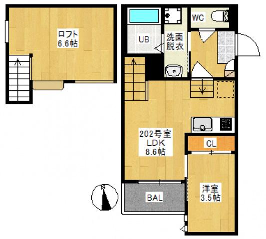 GRANDTIC下伊福(1LDK/2階)の間取り写真