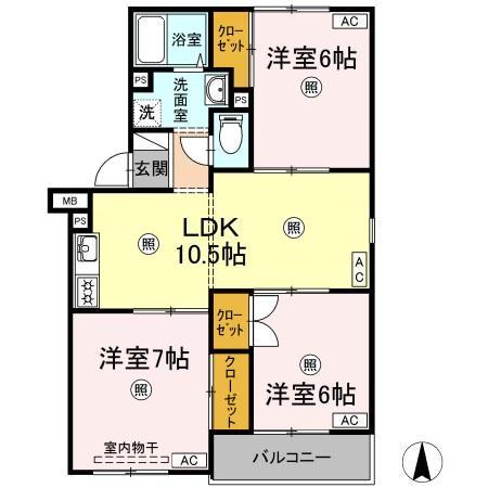 ホワイトヒルズ山陽B棟(3LDK/2階)の間取り写真