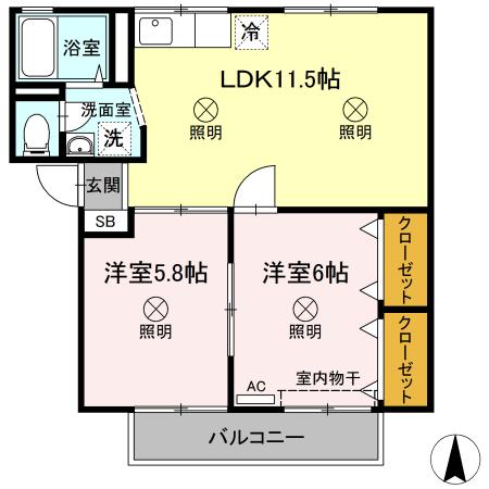 シャンポールききょう B棟(2LDK/2階)の間取り写真