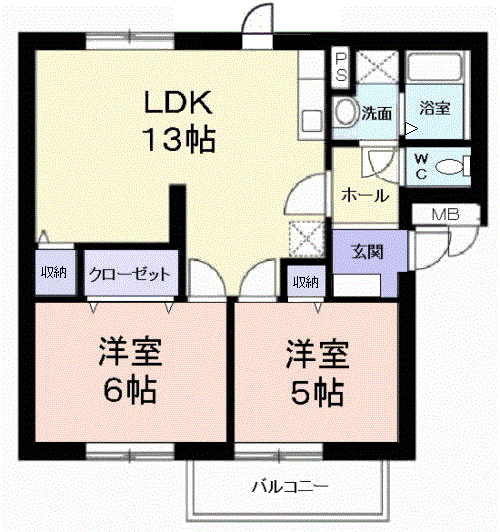 ニューエルディム横山B棟(2LDK/1階)の間取り写真