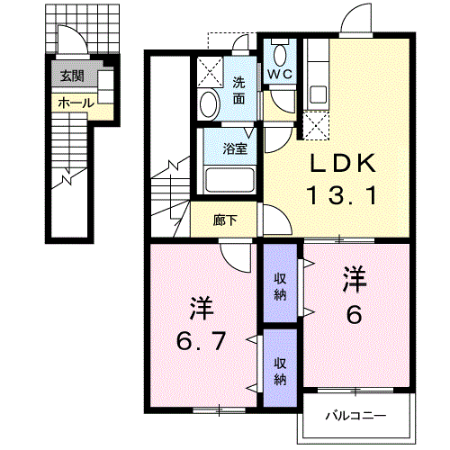 アウローラB棟(2LDK/2階)の間取り写真