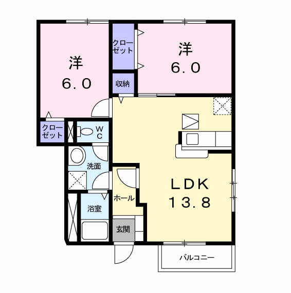 サンガーデンB棟(2LDK/1階)の間取り写真