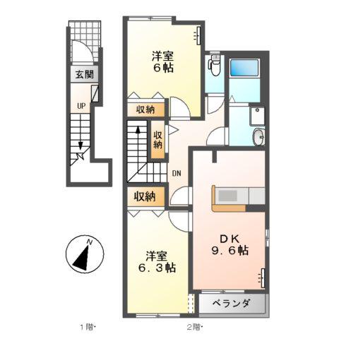 カシータ殿畑(2LDK/2階)の間取り写真