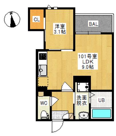 GRANDTIC 奥田6(1LDK/1階)の間取り写真
