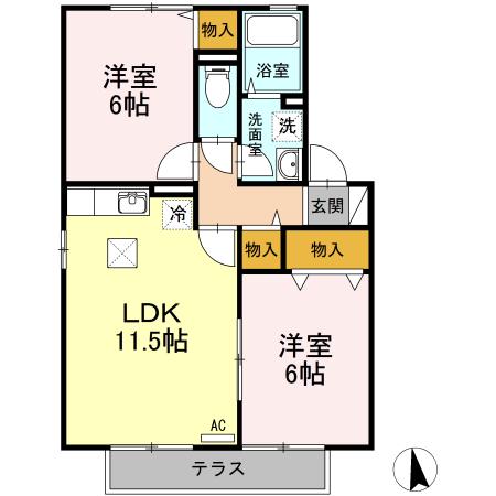 ALAMODEB棟(2LDK/1階)の間取り写真