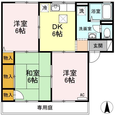 ウエストアベニュー A棟(3DK/1階)の間取り写真