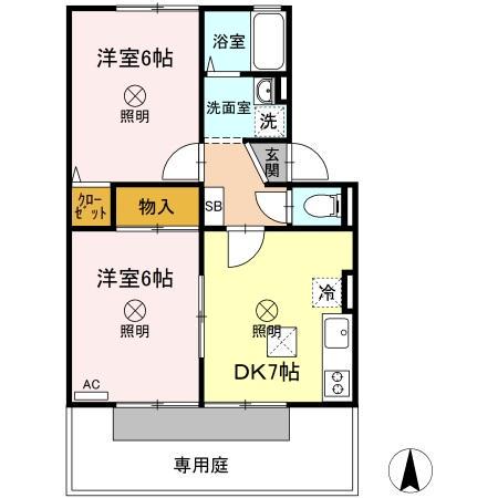 カンフォタブルライフ B棟(2DK/1階)の間取り写真