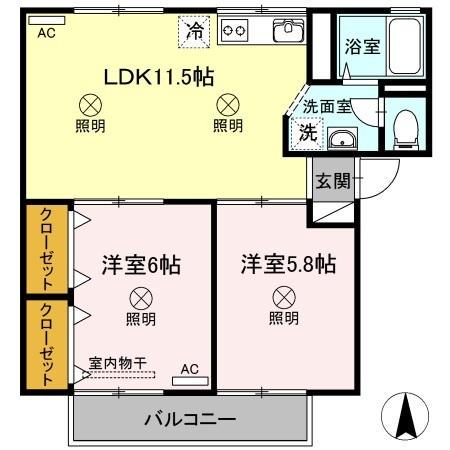 シャンポールききょう A棟(2LDK/2階)の間取り写真