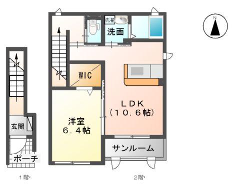 メイプルコート B棟(1LDK/2階)の間取り写真